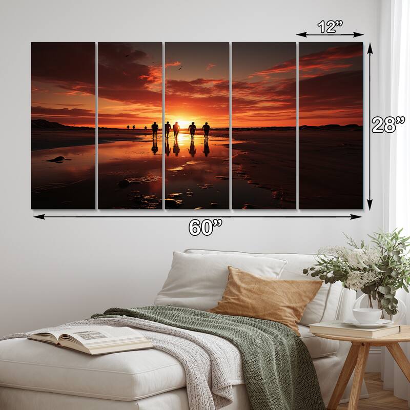 Designart "Beach Silhouettes Sunset IV" Beach Multipanel Wall Art